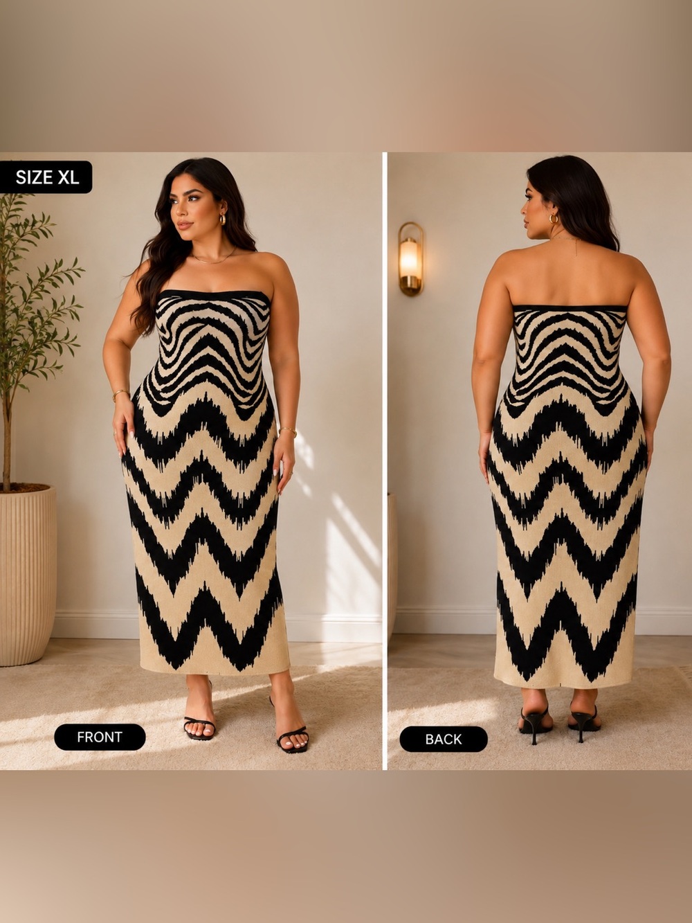Strapless Metallic Zigzag Knit Maxi Dress | Black & Gold Bodycon Statement Dress
